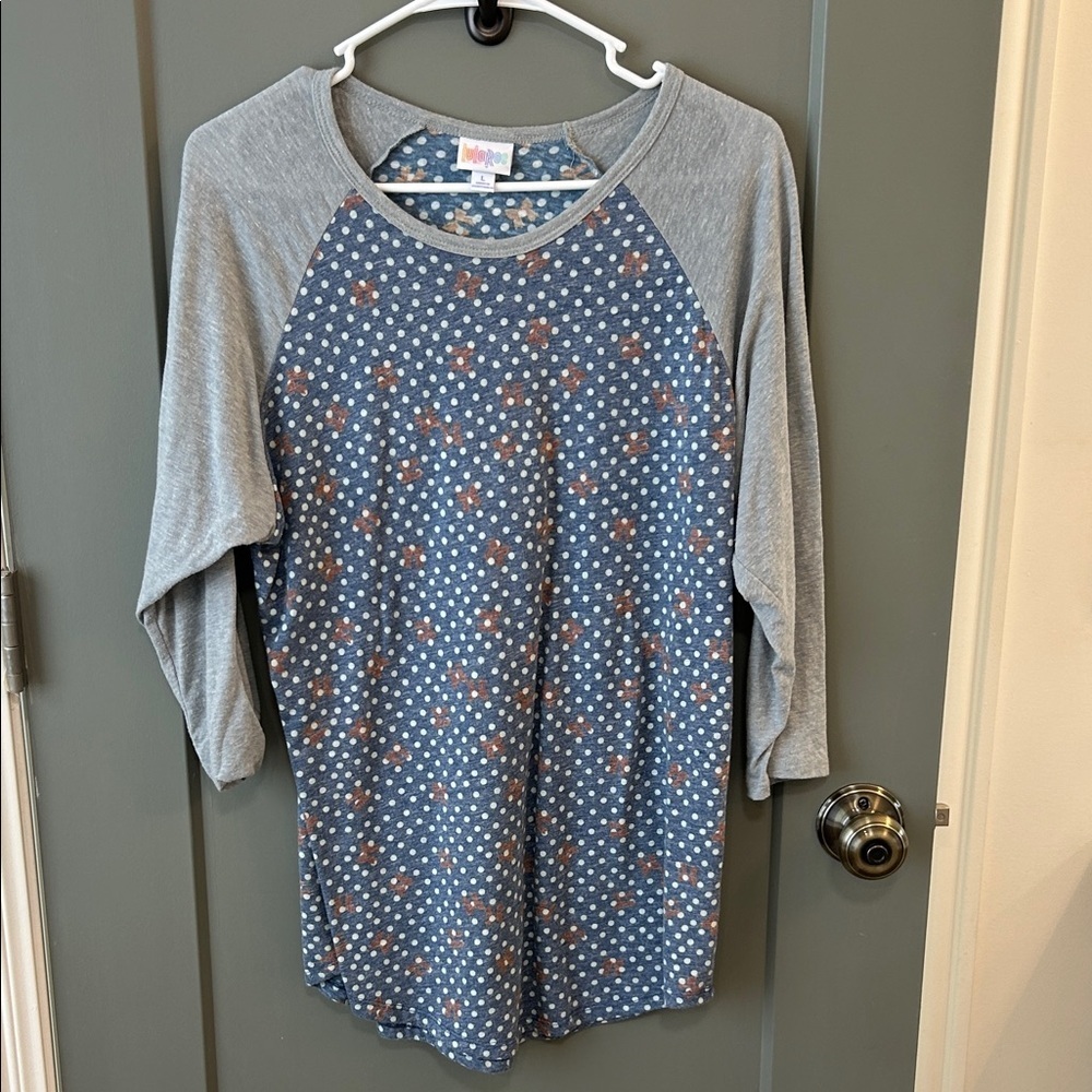 LuLaRoe Blue and Gray Long Sleeve Top polka dot size large